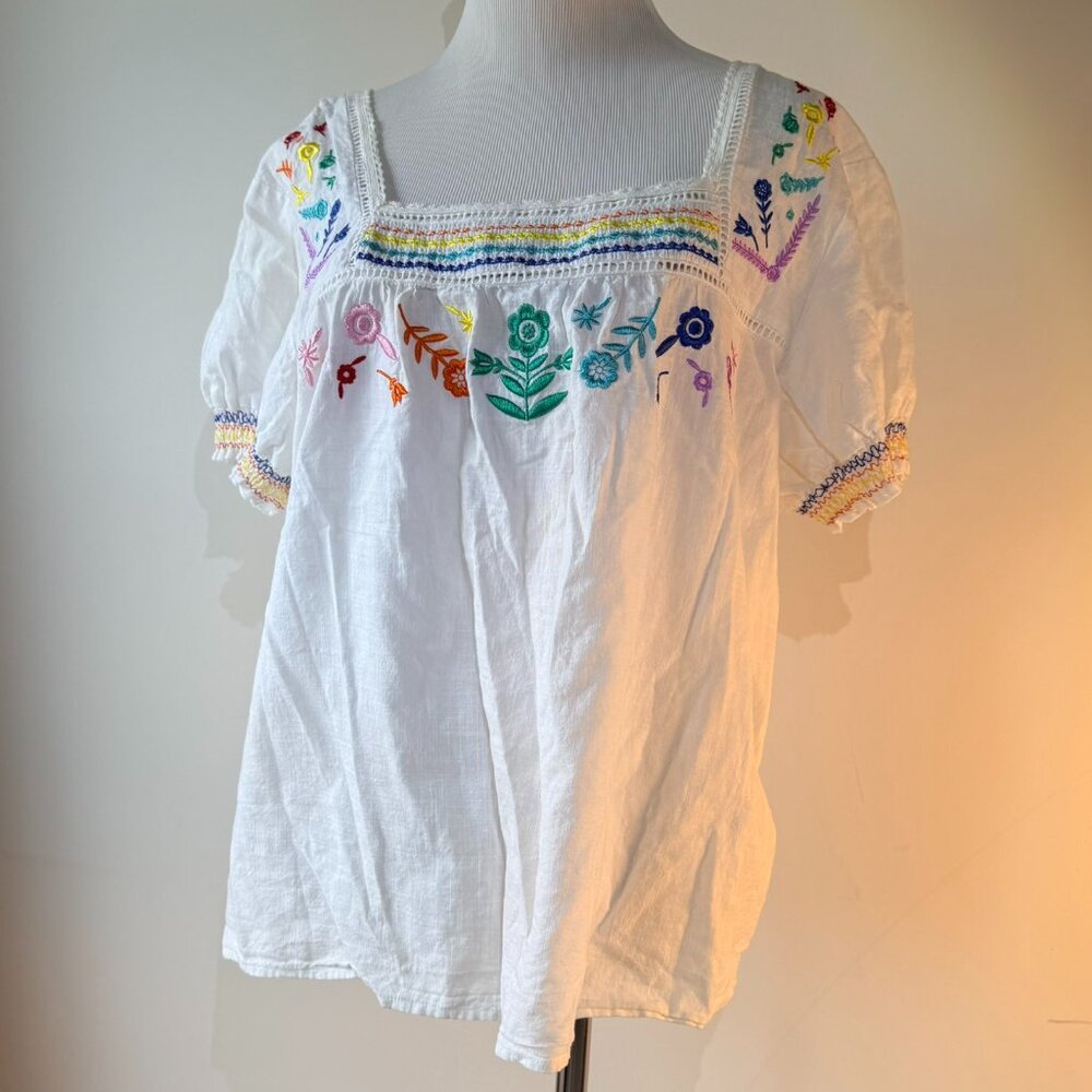 Embroidered Peasant Blouse – Size 14 – White Boho Top